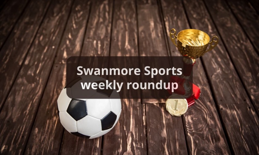 Image shows a football next to a trophy and a medal, with the words Swanmore Sports weekly roundup